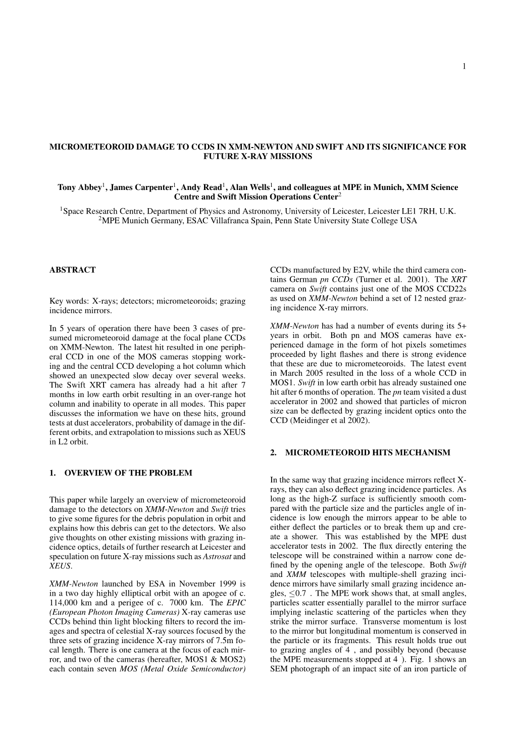 1 Micrometeoroid Damage to Ccds in Xmm-Newton And