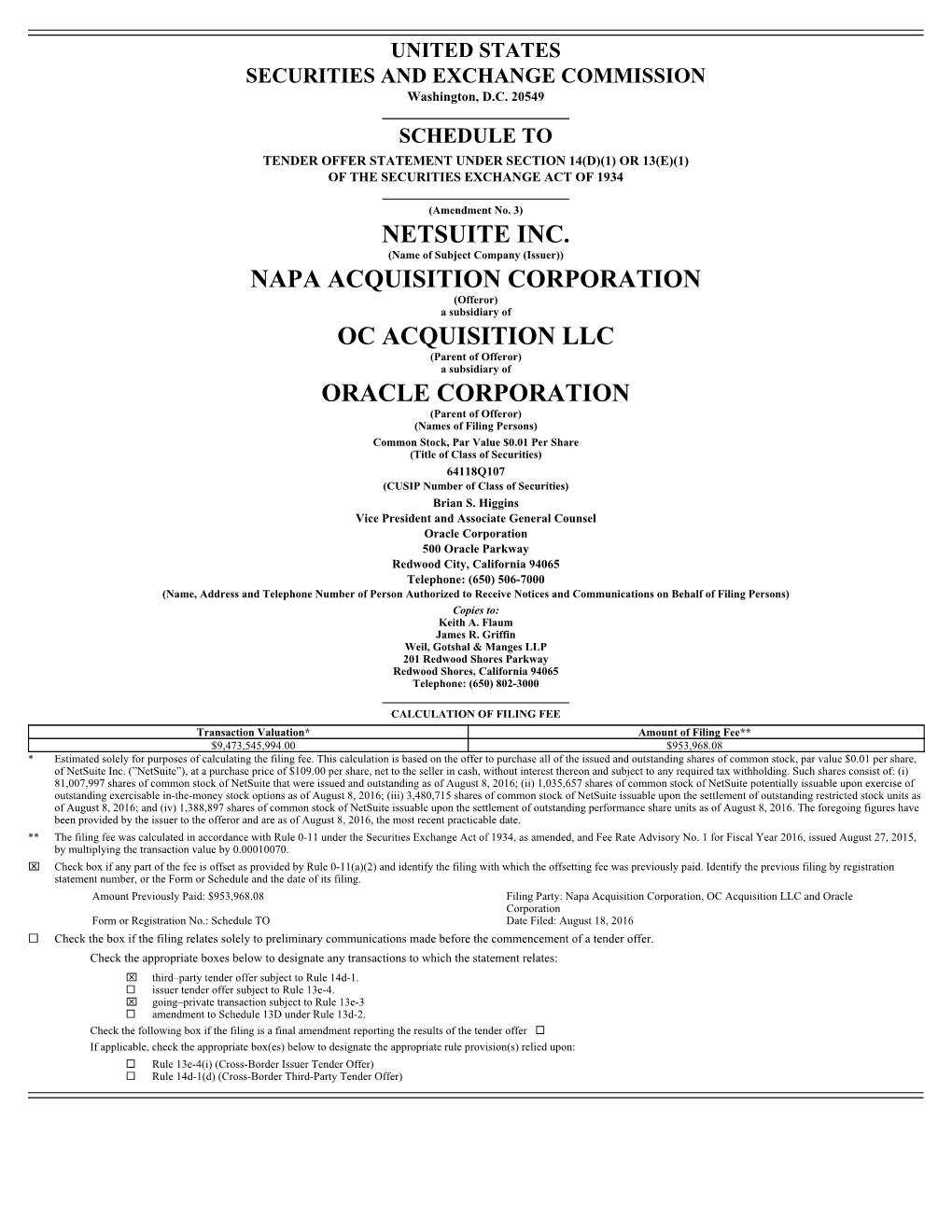 Netsuite Inc. Napa Acquisition Corporation Oc Acquisition