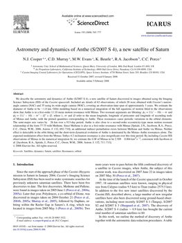 Astrometry and Dynamics of Anthe (S/2007 S 4), a New Satellite of Saturn