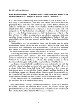 1 Dr. Ulrich Dieter Einbrodt Early Compositions of the Rolling Stones. Still Rhythm and Blues Covers Or Individual Works? Analys