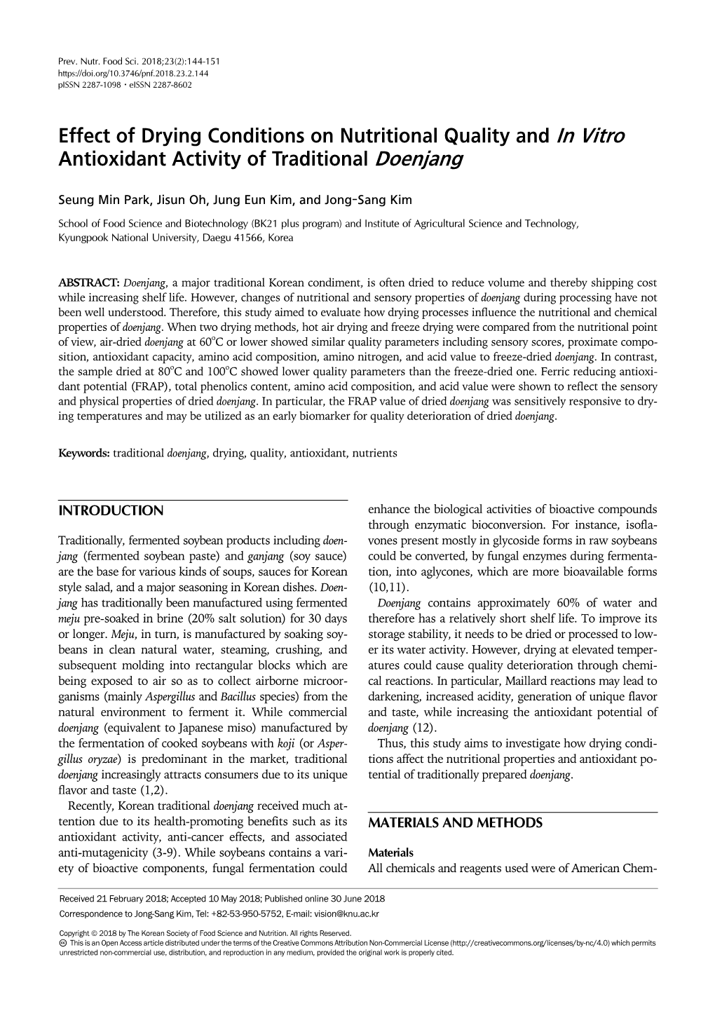 Effect of Drying Conditions on Nutritional Quality and in Vitro Antioxidant Activity of Traditional Doenjang