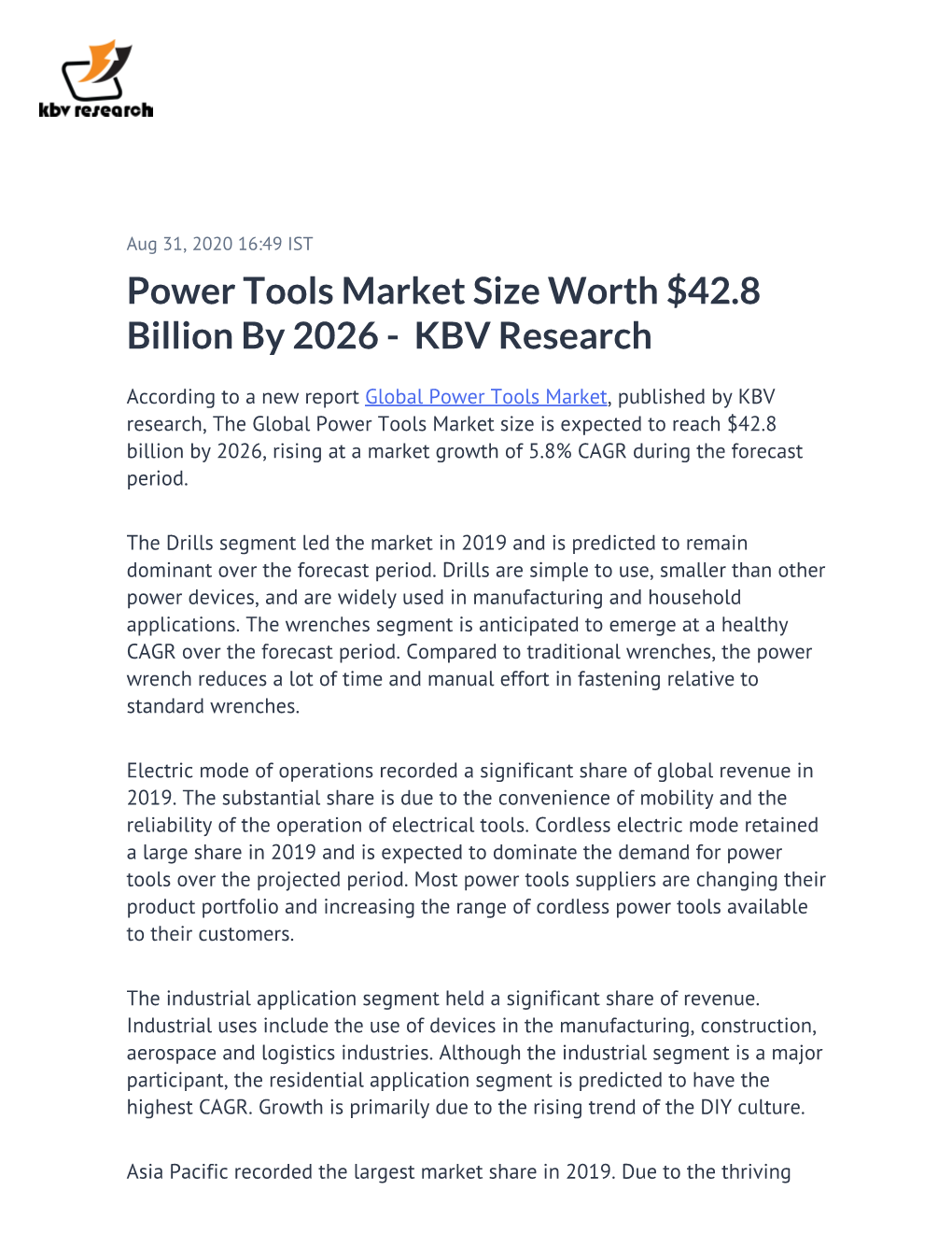 Power Tools Market Size Worth $42.8 Billion by 2026 - KBV Research