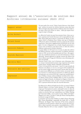 Rapport Annuel De L'association De Soutien Des Archives Littéraires