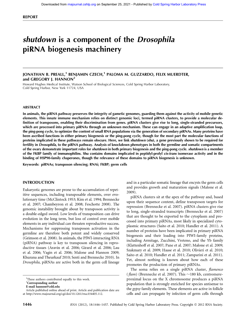 Shutdown Is a Component of the Drosophila Pirna Biogenesis Machinery