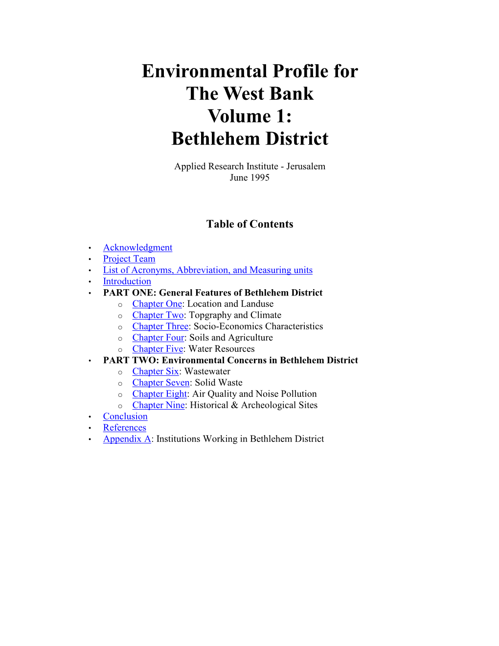 Environmental Profile for the West Bank Volume 1: Bethlehem District