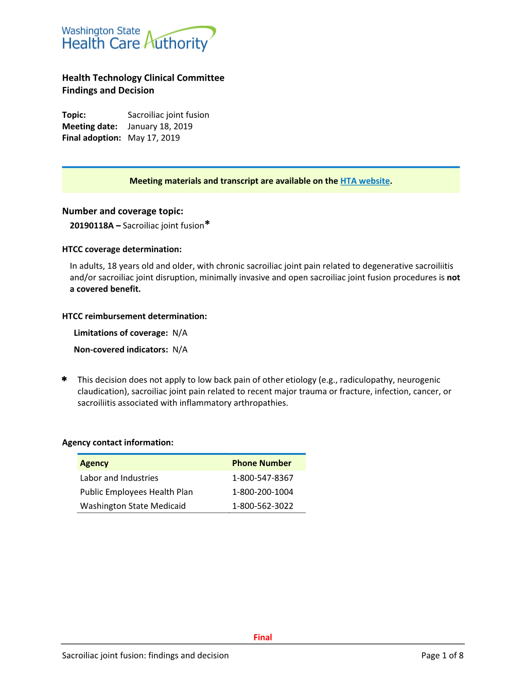 Sacroiliac Joint Fusion Meeting Date: January 18, 2019 Final Adoption: May 17, 2019