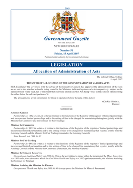 Government Gazette of the STATE of NEW SOUTH WALES Number 51 Friday, 13 April 2007 Published Under Authority by Government Advertising