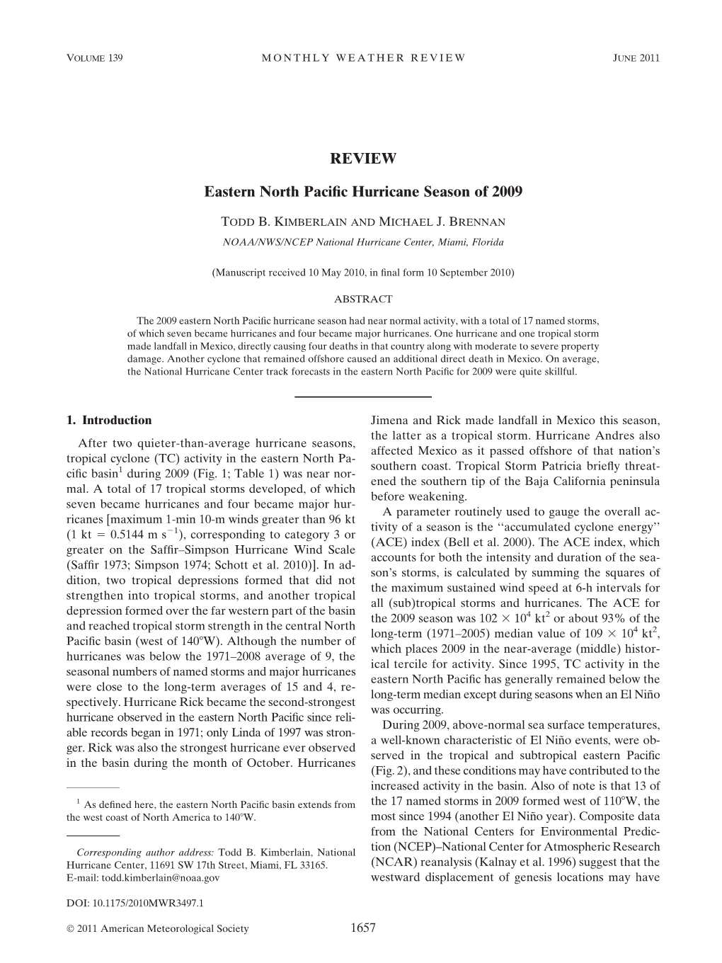 REVIEW Eastern North Pacific Hurricane Season of 2009