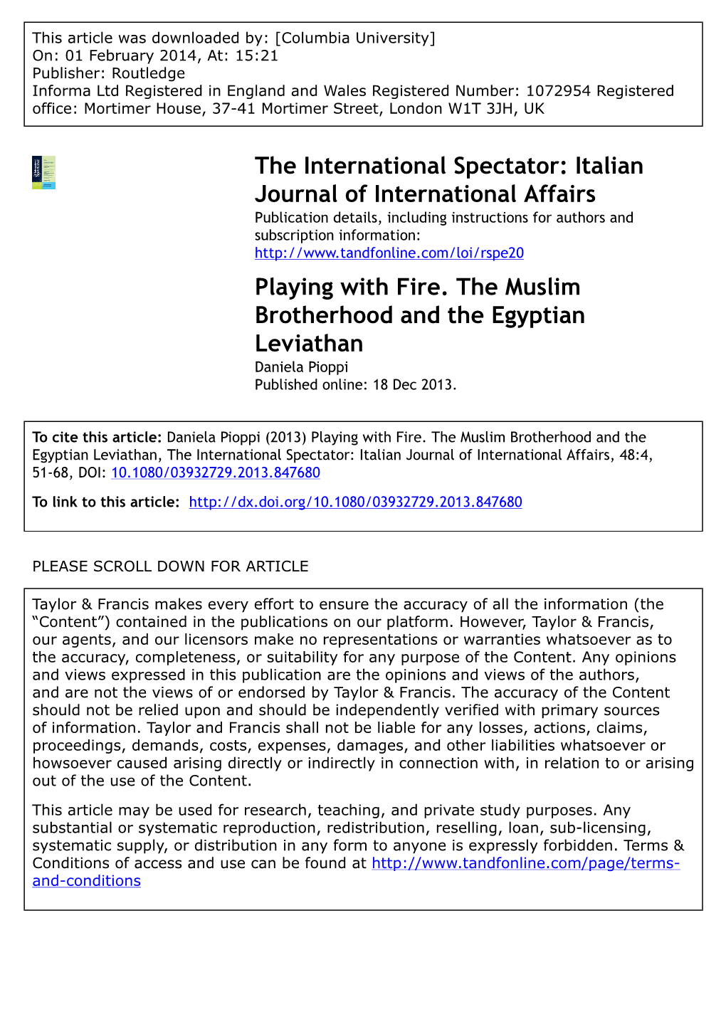 Italian Journal of International Affairs Playing with Fire. the Muslim