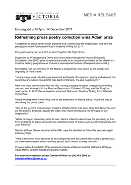 MEDIA RELEASE Refreshing Prose Poetry Collection Wins Adam Prize