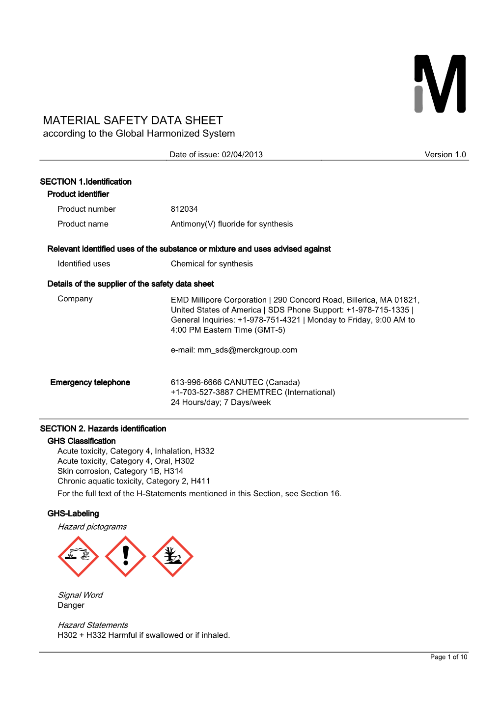 MATERIAL SAFETY DATA SHEET According to the Global Harmonized System