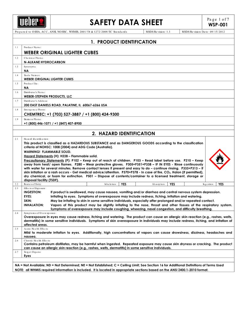 SAFETY DATA SHEET WSP-001 Prepared to OSHA, ACC, ANSI, NOHSC, WHMIS, 2001/58 & 1272/2008/EC Standards MSDS Revision: 1.3 MSDS Revision Date: 09/15/2012