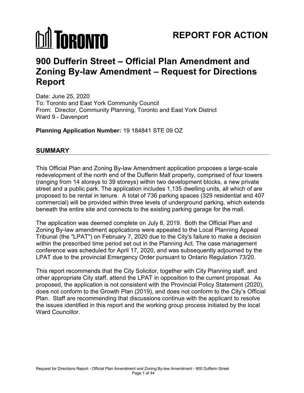 900 Dufferin Street – Official Plan Amendment and Zoning By-Law Amendment – Request for Directions Report