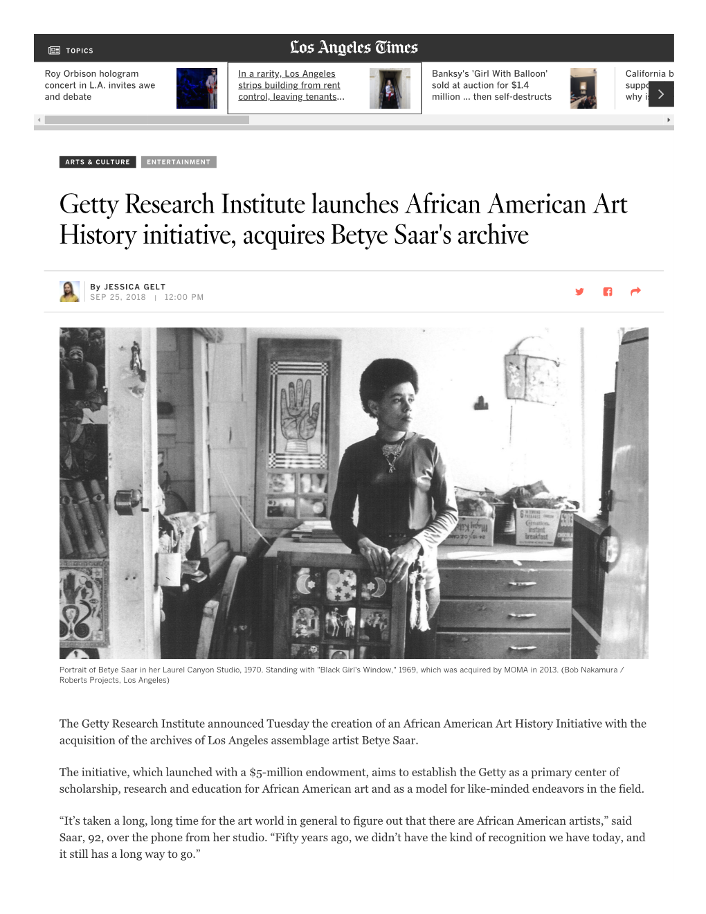 Getty Research Institute Launches African American Art History Initiative, Acquires Betye Saar's Archive