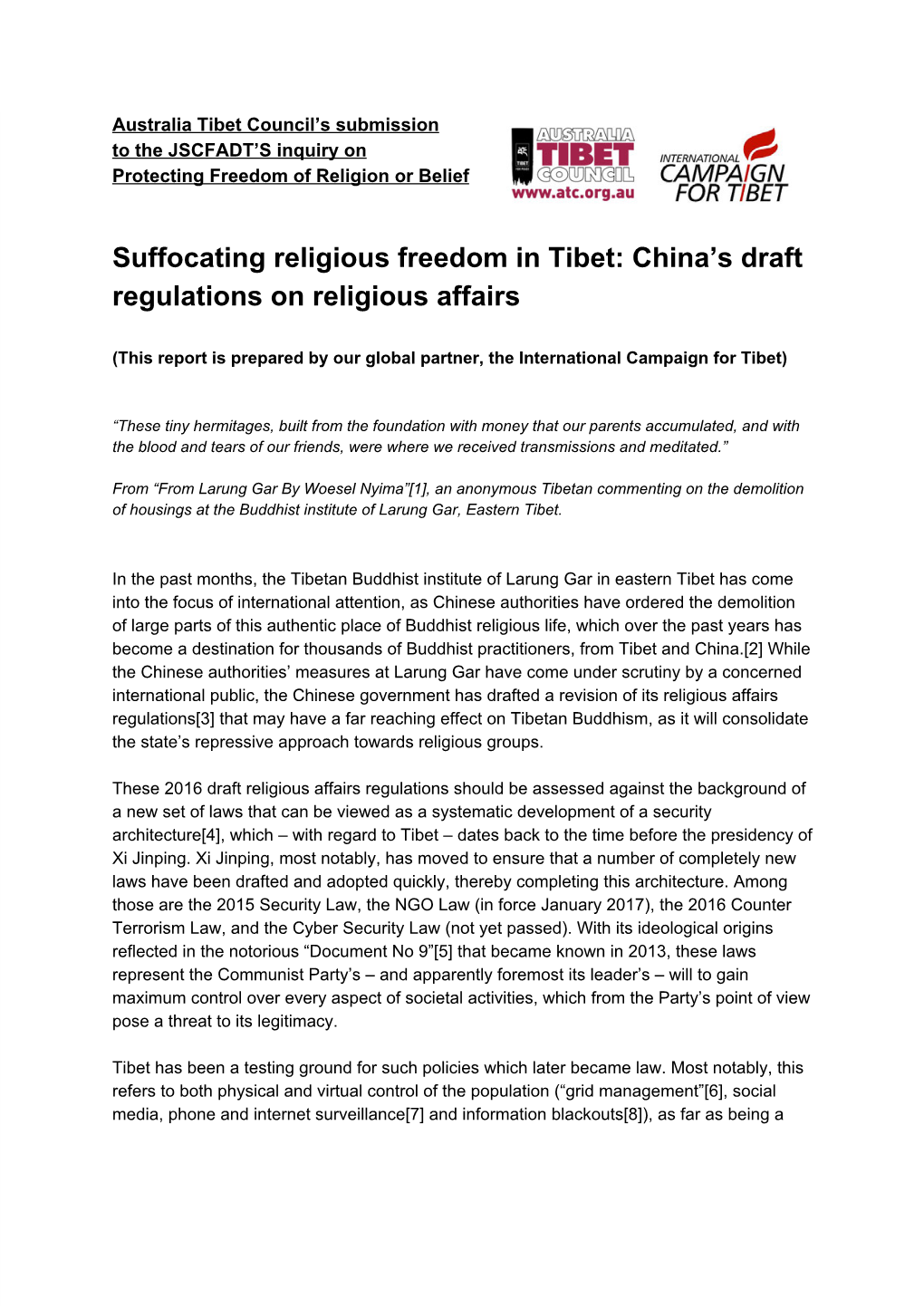 Suffocating Religious Freedom in Tibet: China's Draft Regulations On