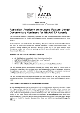 Australian Academy Announces Feature Length Documentary Nominees for 4Th AACTA Awards