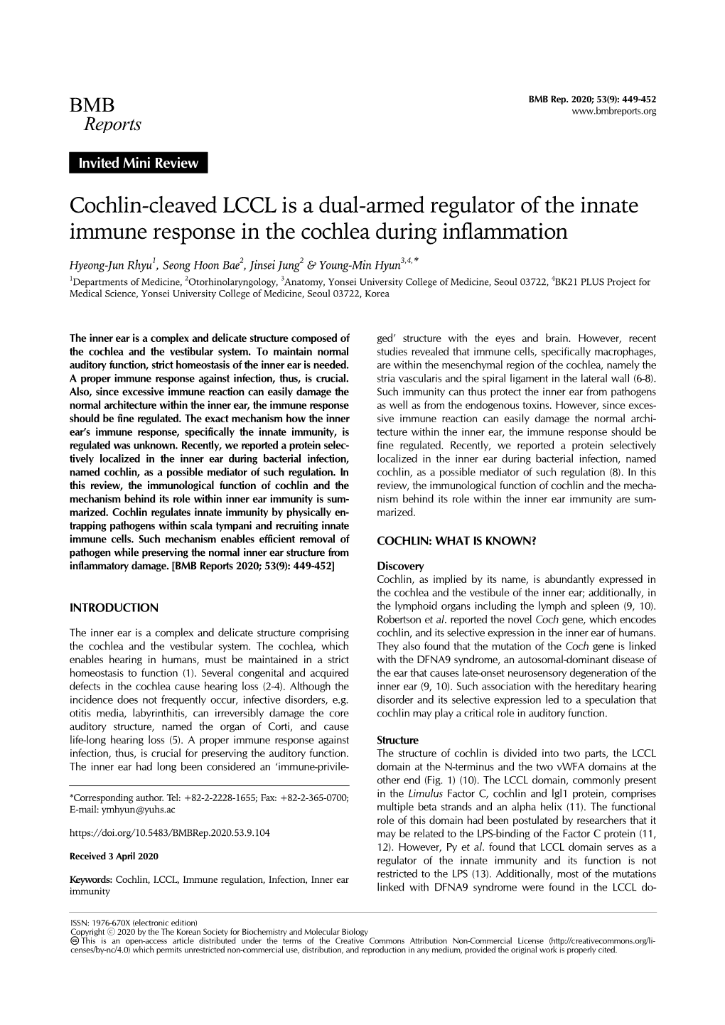 Cochlin-Cleaved LCCL Is a Dual-Armed Regulator of the Innate Immune Response in the Cochlea During Inflammation