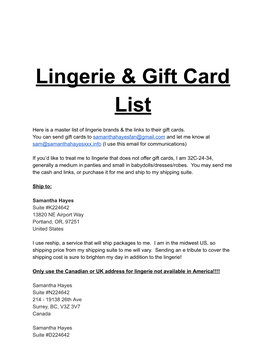 Lingerie & Gift Card List