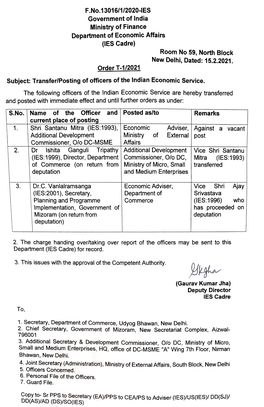 Order T-1/2021 Current Placeof Posting Commissioner, O/O DC-Msmeaffairs