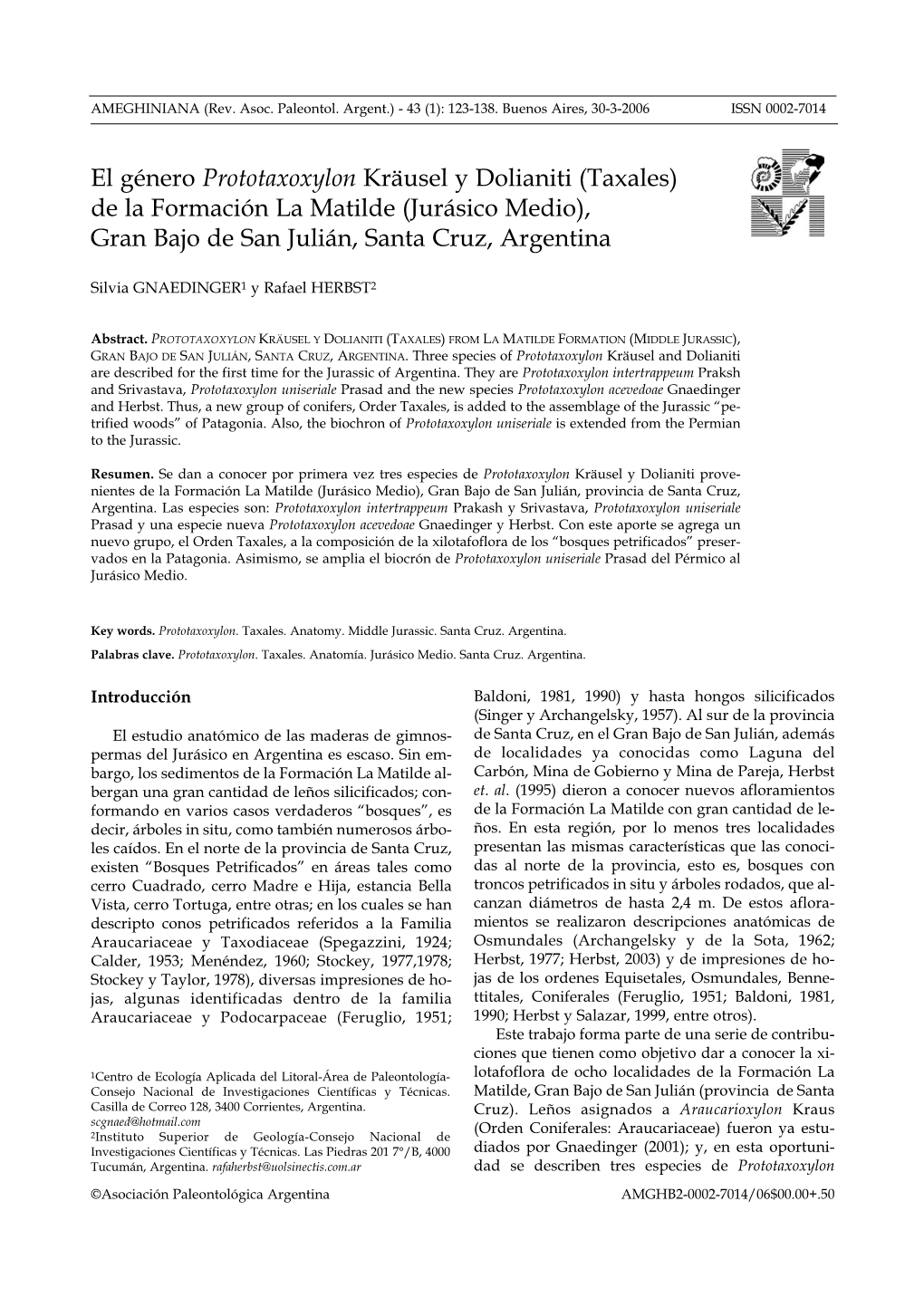 El Género Prototaxoxylon Kräusel Y Dolianiti (Taxales) De La Formación La Matilde (Jurásico Medio), Gran Bajo De San Julián, Santa Cruz, Argentina