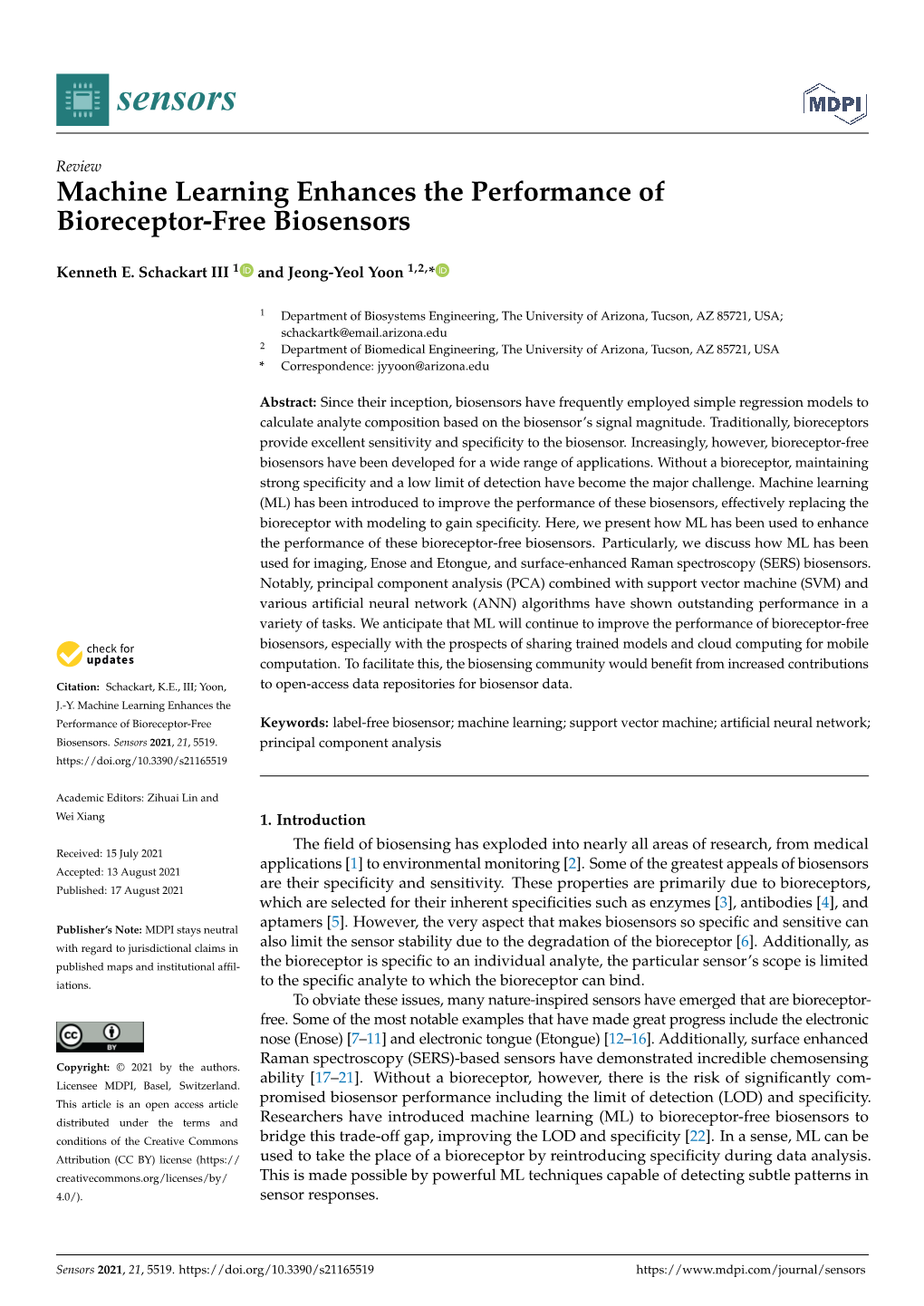 Machine Learning Enhances the Performance of Bioreceptor-Free Biosensors