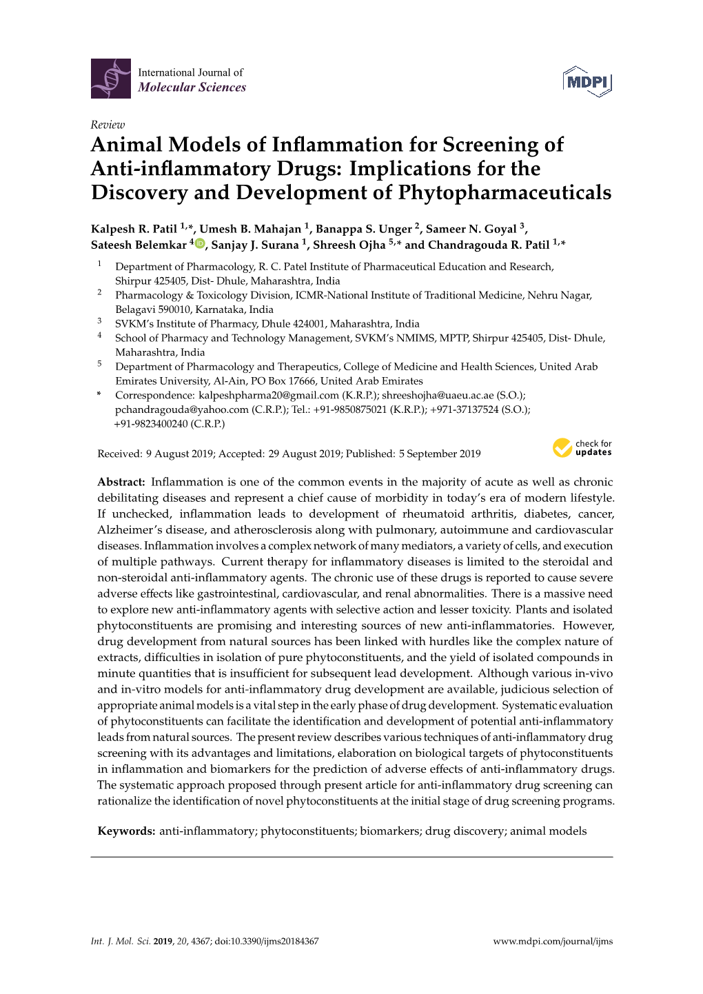 Animal Models of Inflammation for Screening of Anti-Inflammatory Drugs