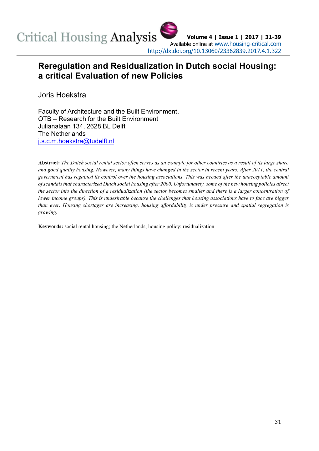 Reregulation and Residualization in Dutch Social Housing: a Critical Evaluation of New Policies