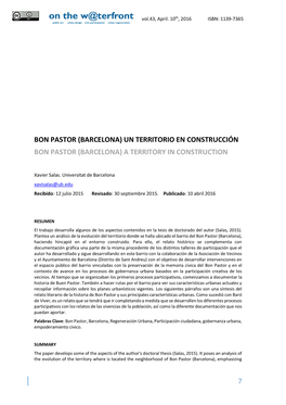 Bon Pastor (Barcelona) Un Territorio En Construcción Bon Pastor (Barcelona) a Territory in Construction
