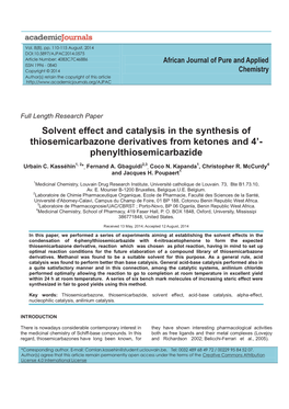 Solvent Effect and Catalysis in the Synthesis of Thiosemicarbazone Derivatives from Ketones and 4’ - Phenylthiosemicarbazide