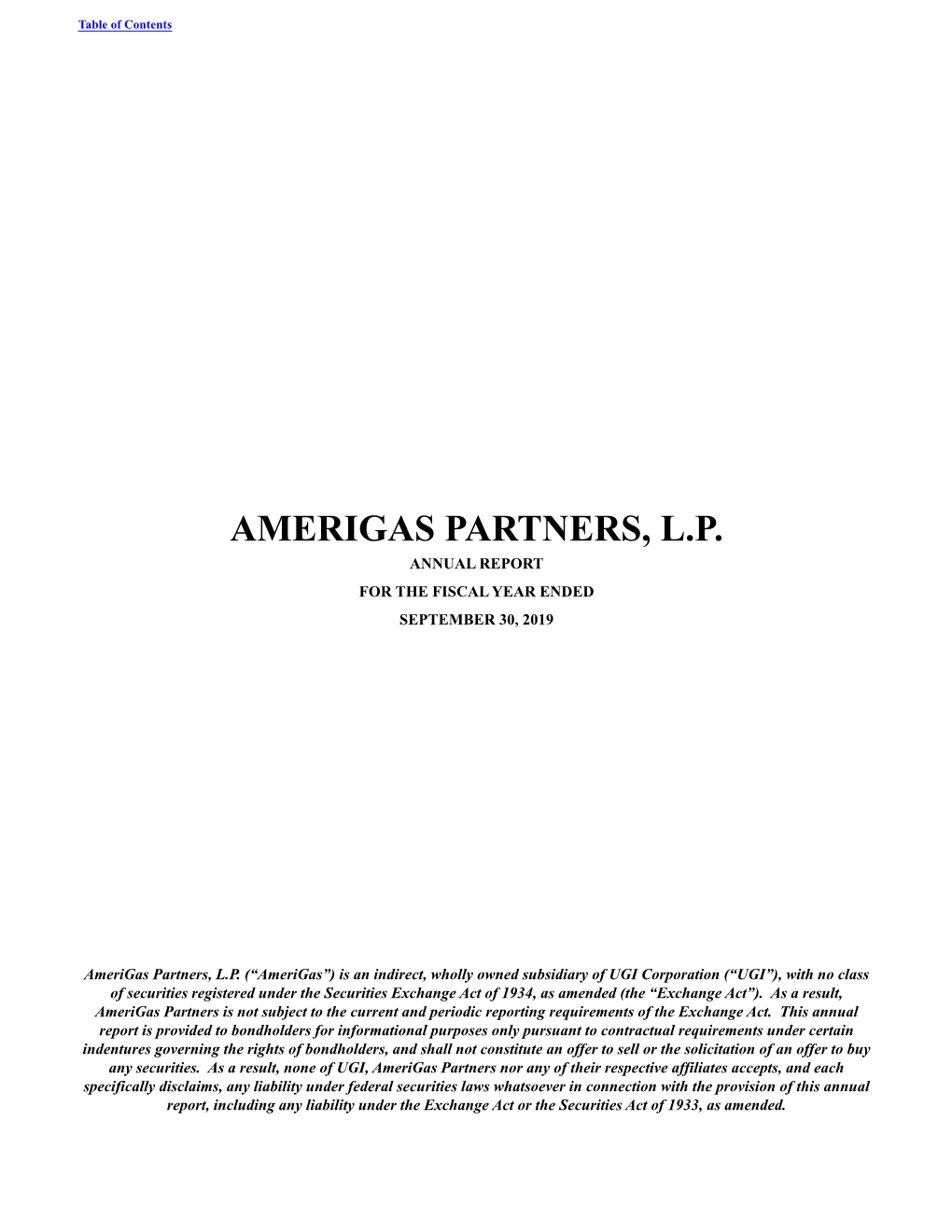Amerigas Partners, L.P. Annual Report for the Fiscal Year Ended September 30, 2019