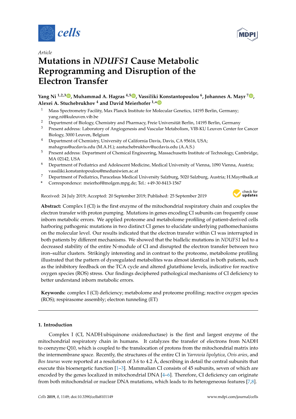 Mutations in NDUFS1 Cause Metabolic Reprogramming and Disruption of the Electron Transfer