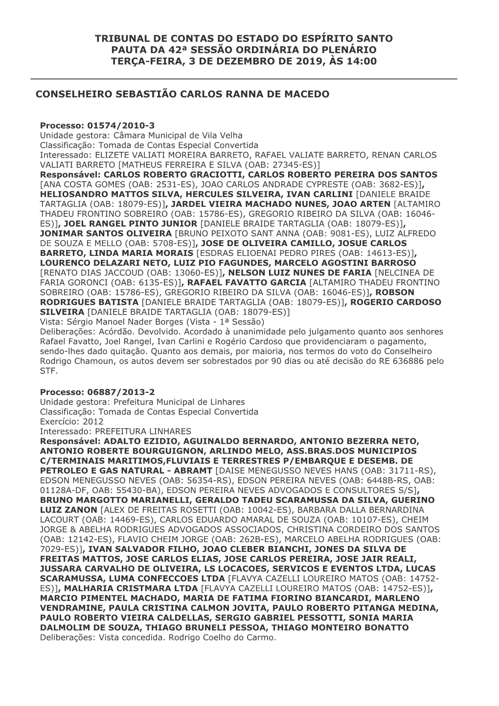 Tribunal De Contas Do Estado Do Espírito Santo Pauta Da 42ª Sessão Ordinária Do Plenário Terça-Feira, 3 De Dezembro De 2019, Às 14:00