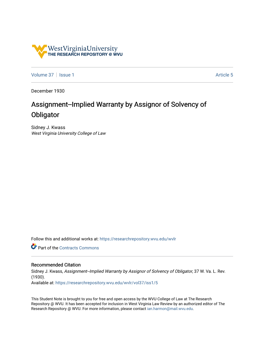 Assignment--Implied Warranty by Assignor of Solvency of Obligator