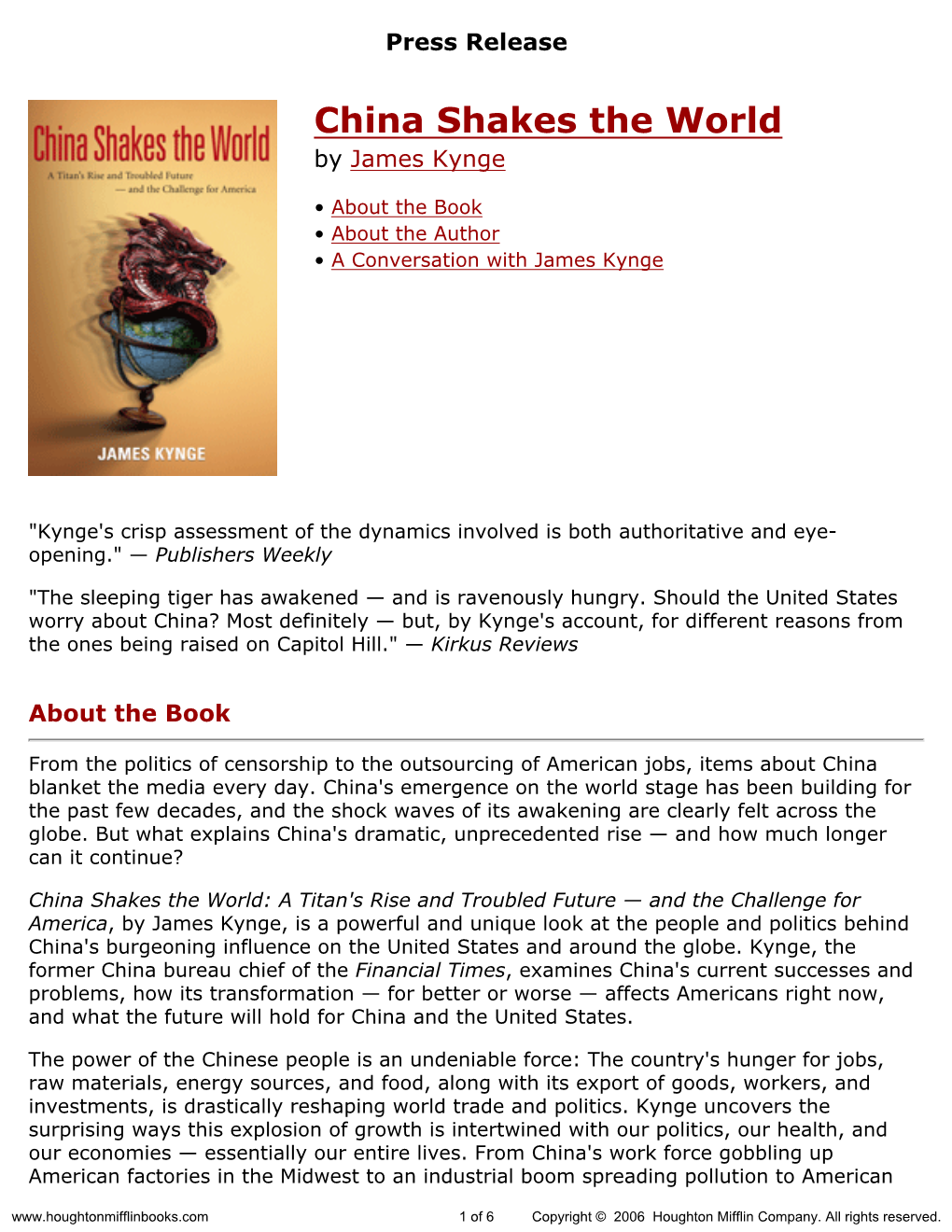 Press Release for China Shakes the World Published by Houghton