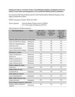 Section 7(A)(2) Biological Opinion and Magnuson-Stevens Fishery Conservation and Management Act Essential Fish Habitat (EFH) Consultation