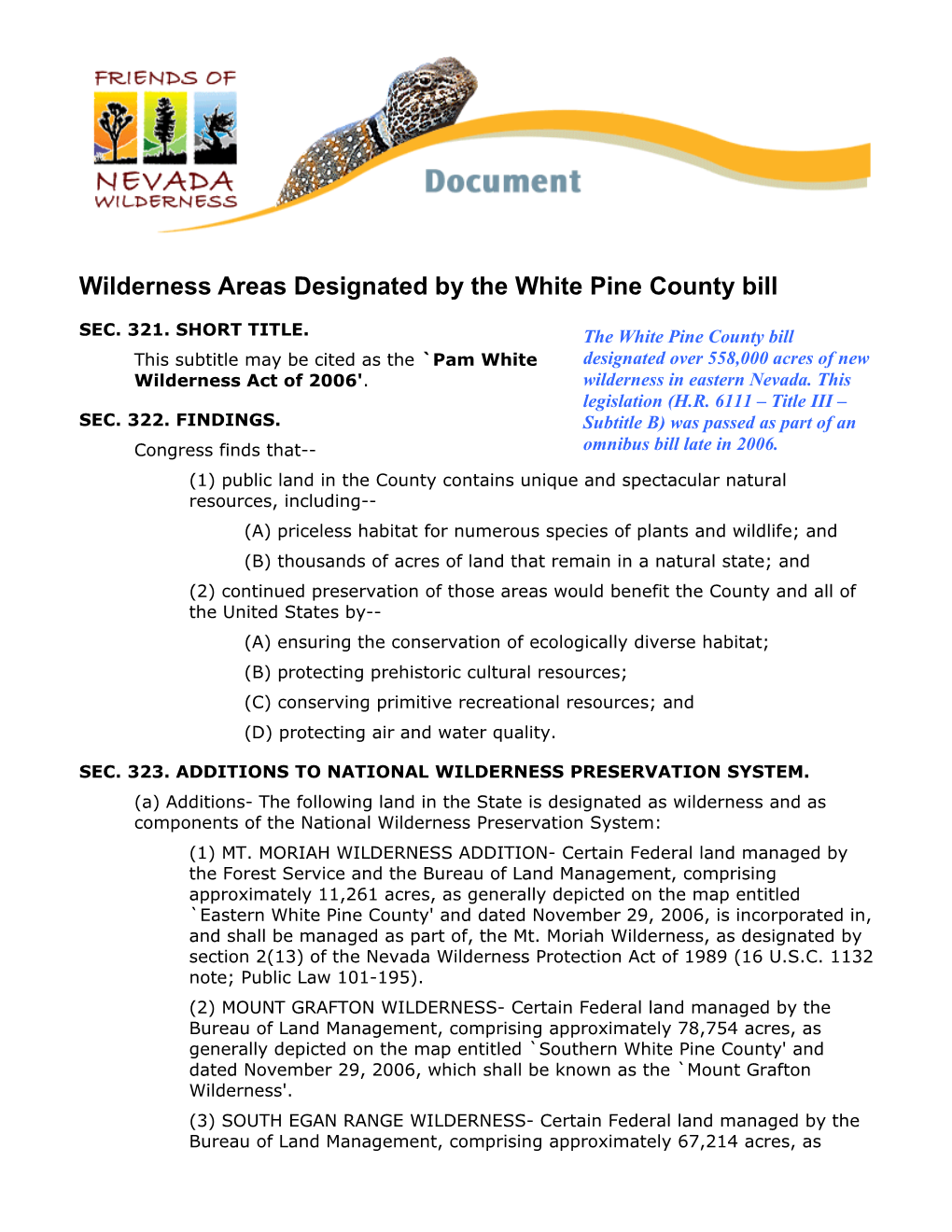 Wilderness Areas Designated by the White Pine County Bill