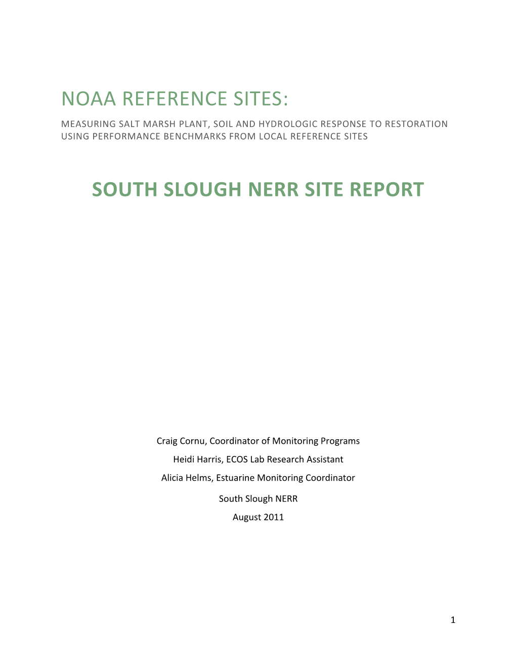 Noaa Reference Sites: South Slough Nerr Site Report