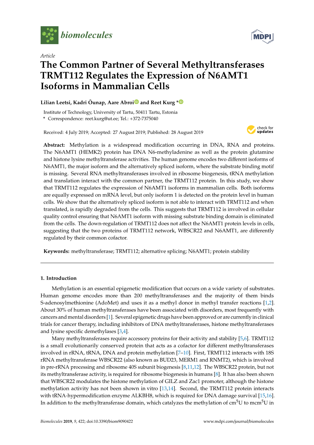 The Common Partner of Several Methyltransferases TRMT112 Regulates the Expression of N6AMT1 Isoforms in Mammalian Cells