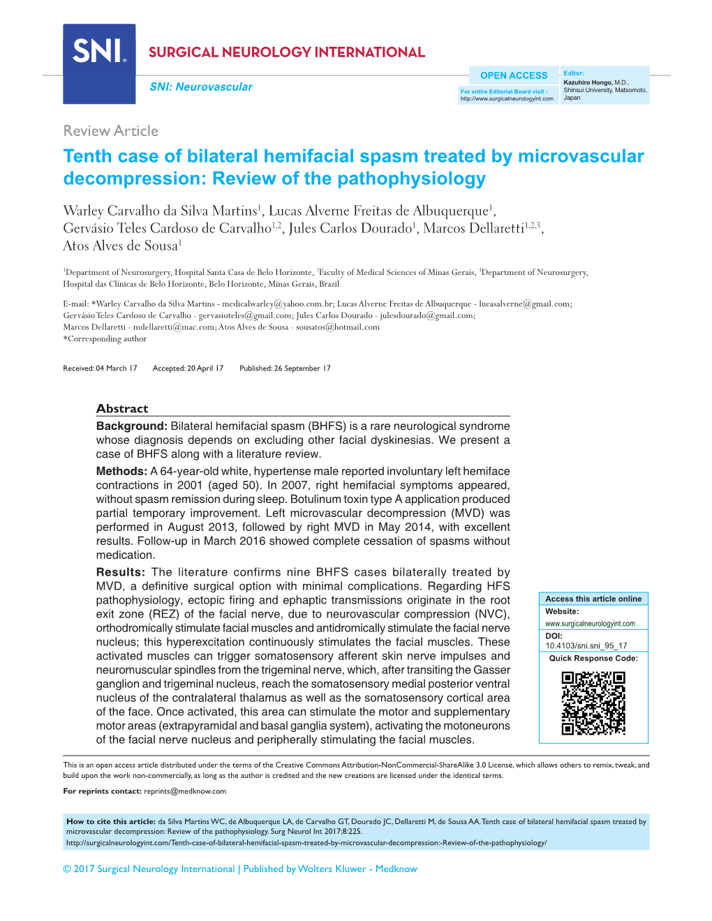 Tenth Case of Bilateral Hemifacial Spasm Treated by Microvascular