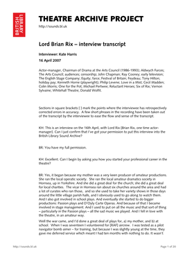 Theatre Archive Project: Interview with Lord Brian