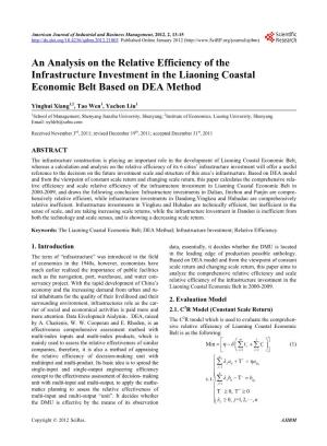 An Analysis on the Relative Efficiency of the Infrastructure Investment in the Liaoning Coastal Economic Belt Based on DEA Method