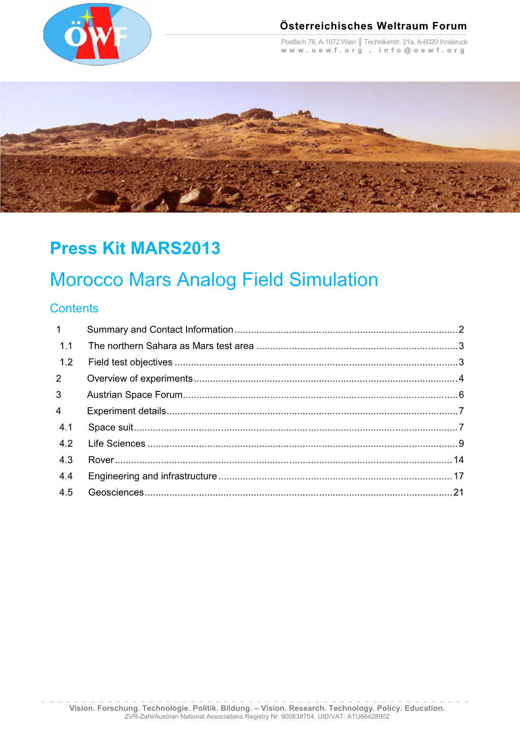 Morocco Mars Analog Field Simulation Contents