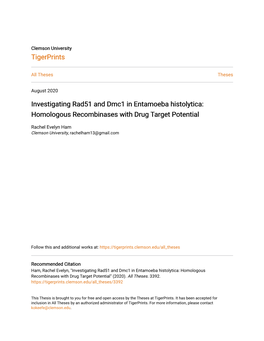 Investigating Rad51 and Dmc1 in Entamoeba Histolytica: Homologous Recombinases with Drug Target Potential