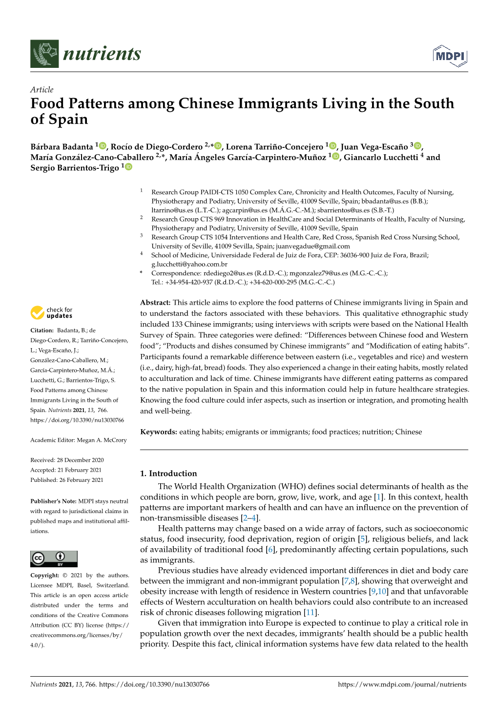 Food Patterns Among Chinese Immigrants Living in the South of Spain