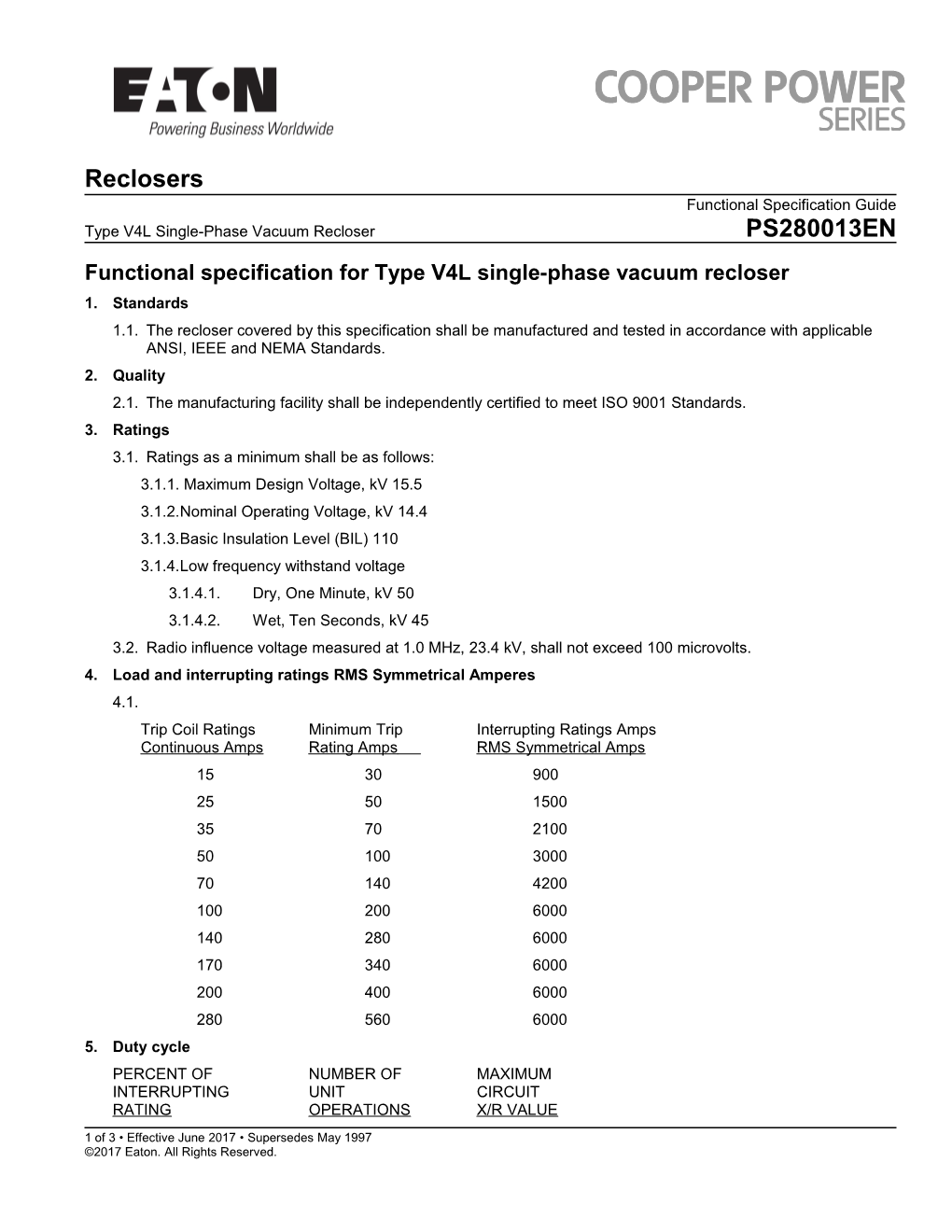 Functional Specification for Type V4L Single-Phase Vacuum Recloser