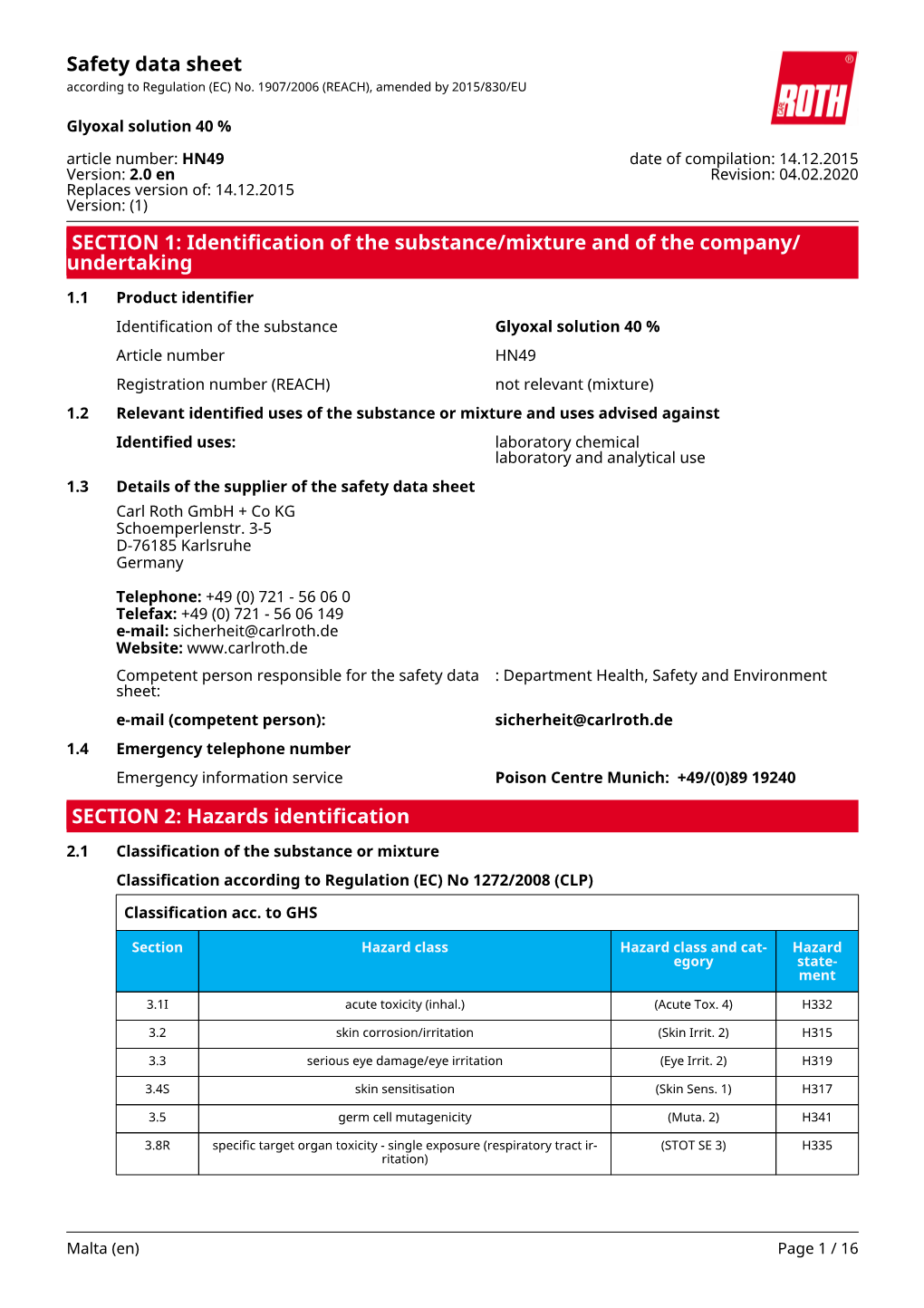 Safety Data Sheet: Glyoxal Solution 40 %