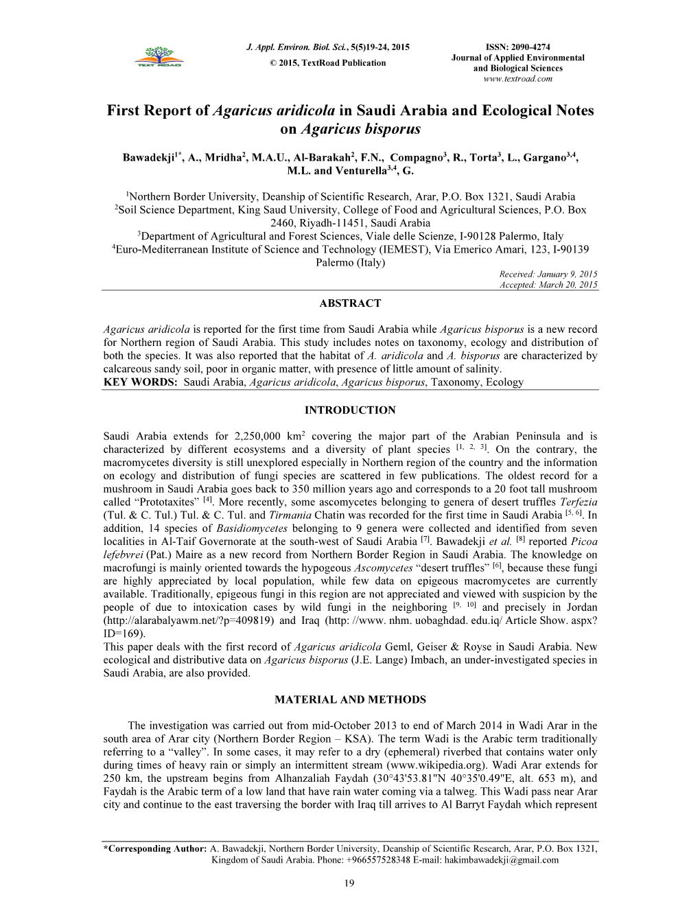 First Report of Agaricus Aridicola in Saudi Arabia and Ecological Notes on Agaricus Bisporus