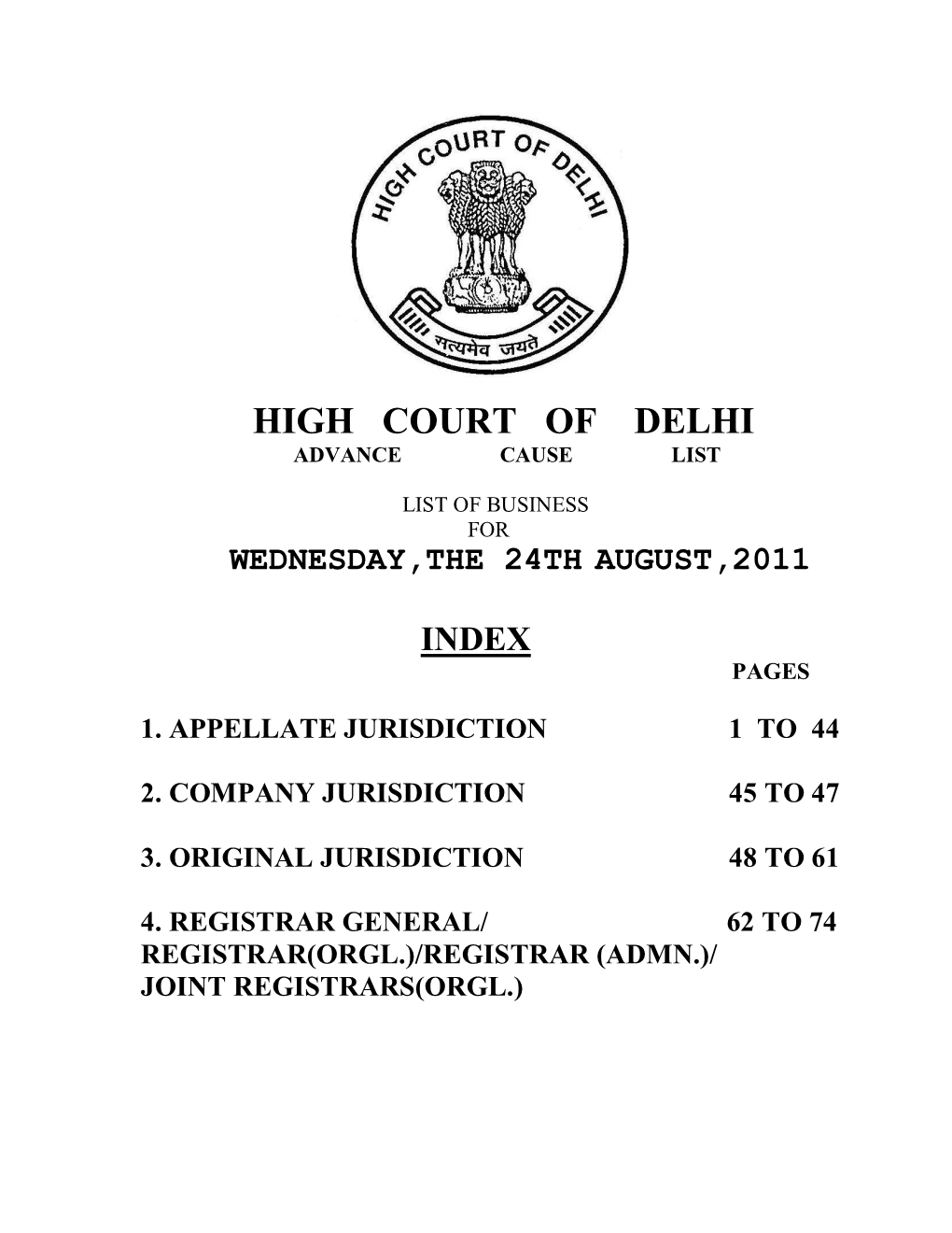 High Court of Delhi Advance Cause List