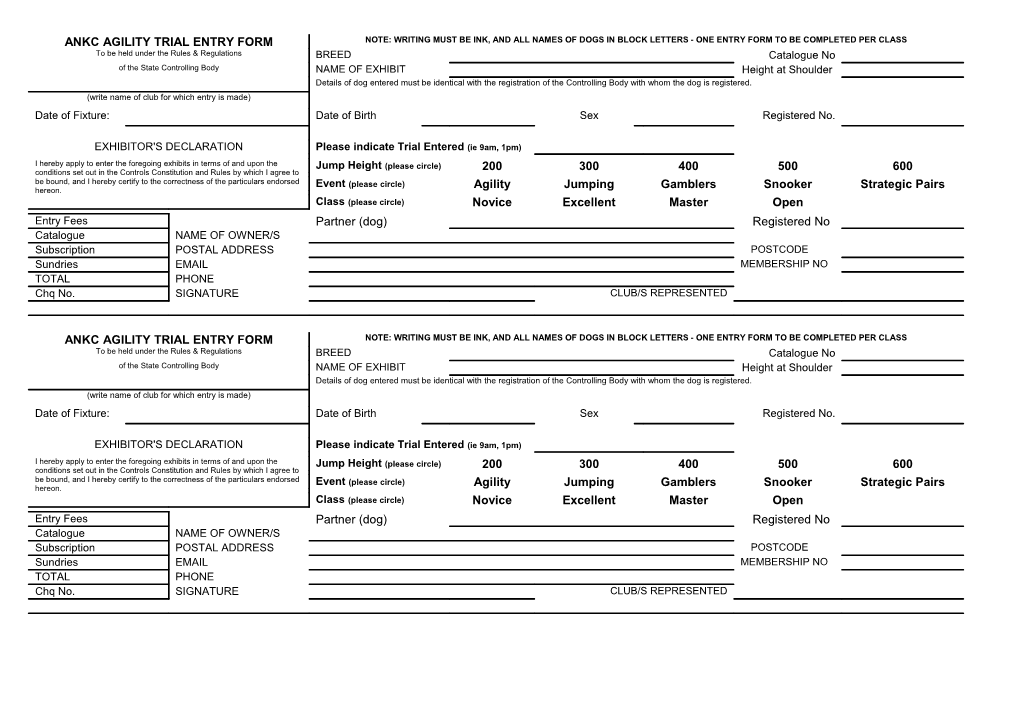 Ankc Agility Trial Entry Form