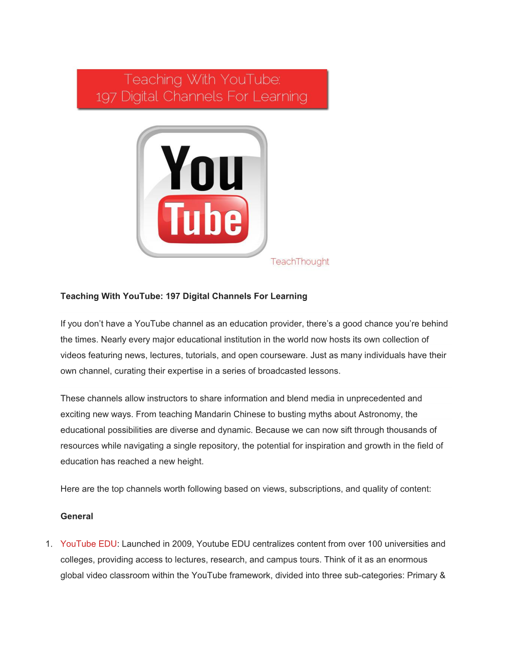 Teaching with Youtube: 197 Digital Channels for Learning